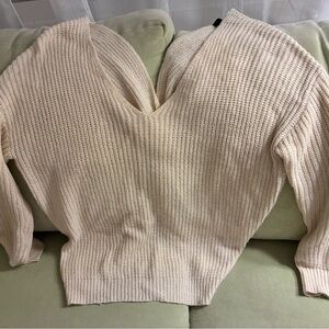 Forever 21 Women V Neck Sweater Twist Back Knit Ivory Sz S Boho Coquette Slouchy